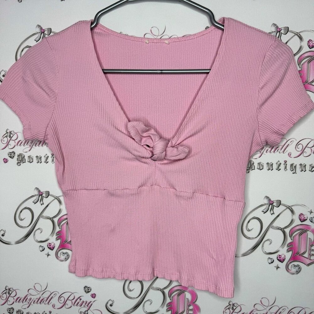 Garage tshirt top pink ribbon 🎀 bow tie up middle ribbed fabric stretchy cute